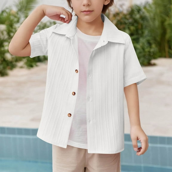 Delliss Boys Short Sleeve Button Down Shirt Kids Summer Casual Solid Color Open Front Shirts 5-14Years