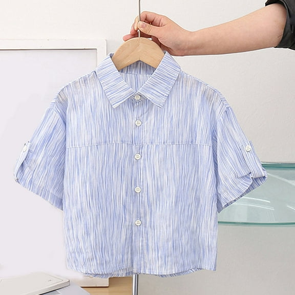 Delliss Boys Short Sleeve Button Down Shirt Stripe Summer Casual Shirts Light Weight & Breathable