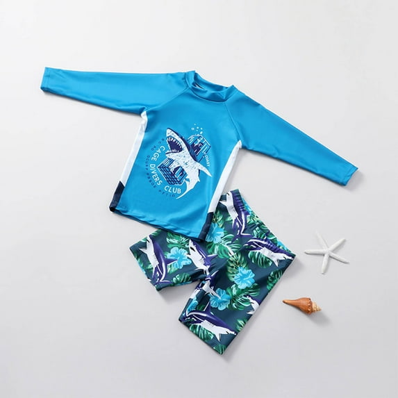Delliss Boys Two Piece Shark Print Guard Swimsuits Kids Long Sleeve Sunsuit Sun Protection Swimwear Sets