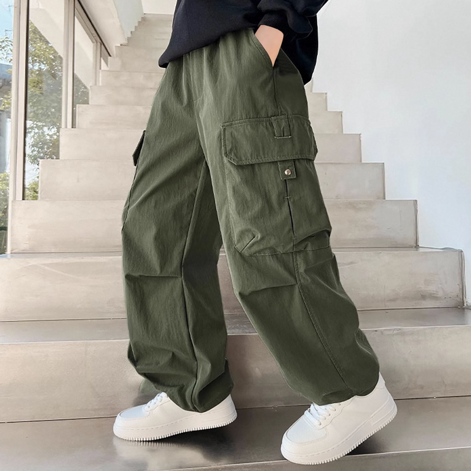 Qxutpo Kids Girls Pants Cargo Drawstring Elastic Waist Baggy