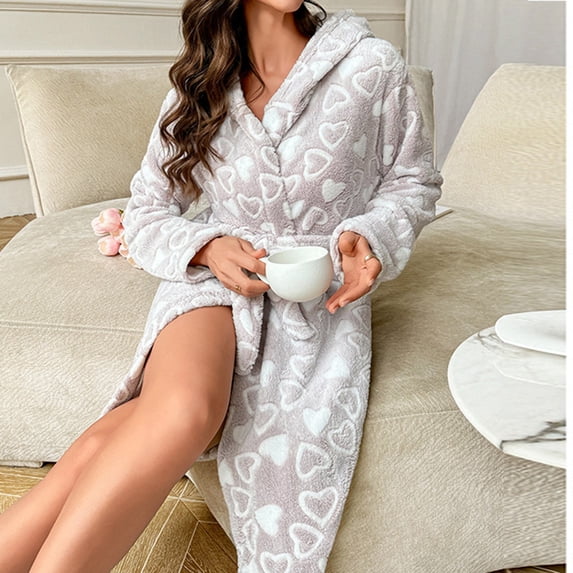 Delliss Comfortable Hooded Bathrobe Women's Winter Thick Long Sleeve Nightgown Home Clothes Light Gray M