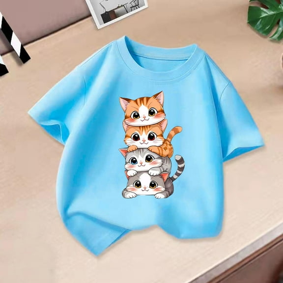 Delliss Cute Shirts for Girls Short Sleeve Cat Graphic Tees Crew Neck Cartoon Casual Cotton T-Shirt Kids Summer Tops Clothes 2-14 Years