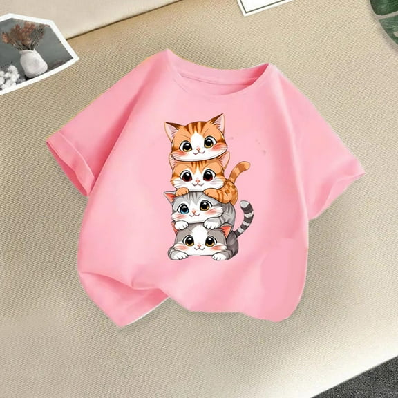 Delliss Cute Shirts for Girls Short Sleeve Cat Graphic Tees Crew Neck Cartoon Casual Cotton T-Shirt Kids Summer Tops Clothes 2-14 Years