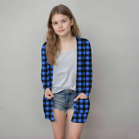 Delliss Fall Clothes For Girl Trendy Checkered Print Cardigan Thin Top With Pocket Blue 140