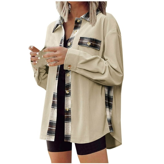 Delliss Fall Clothes For Woman Trendy Long Sleeve Casual Button Fall Jacket Beige M