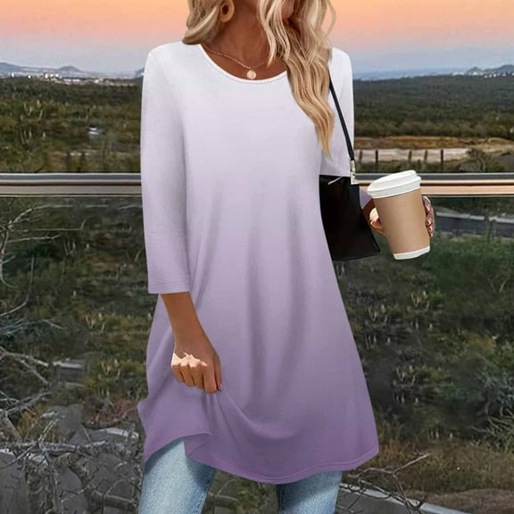 Delliss Fall Clothes Women's Gradient Print Shirt 3/4 Sleeve Crew Neck Long Top Purple XL