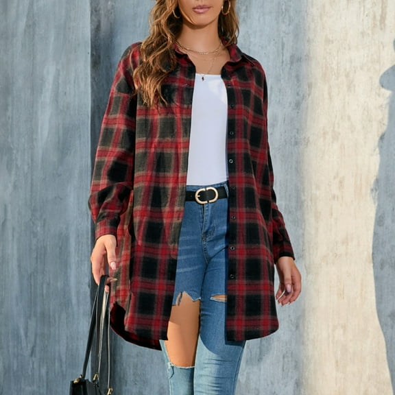 Delliss Fall Plaid Shirt For Women Basic Lapel Button Casual Cardigan Top Long Sleeve Jacket