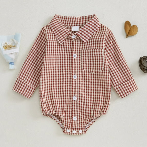 Delliss Girl Baby Plaid Lapel Long-Sleeved Shirt Rompers Spring Fall Clothes Casual Bodysuit