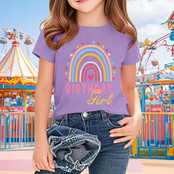 Delliss Girl Short Sleeve T-Shirts Summer Kids Birthday Graphic Crew Neck Tee Tops Casual Tops 2-15Y