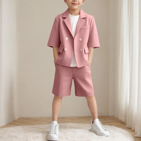 Delliss Girl's 2 Piece Outfits Button Front Short Sleeve Lapel Blazer Button Front Casual Suit with Pockets for Summer