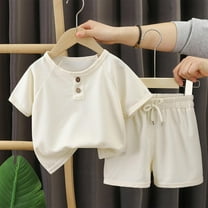 Delliss Girl's 2 Piece Outfits Short Sleeve Crew Neck Solid Color Top and Drawstring Shorts Casual Summer Shorts Sets 0-10 Years