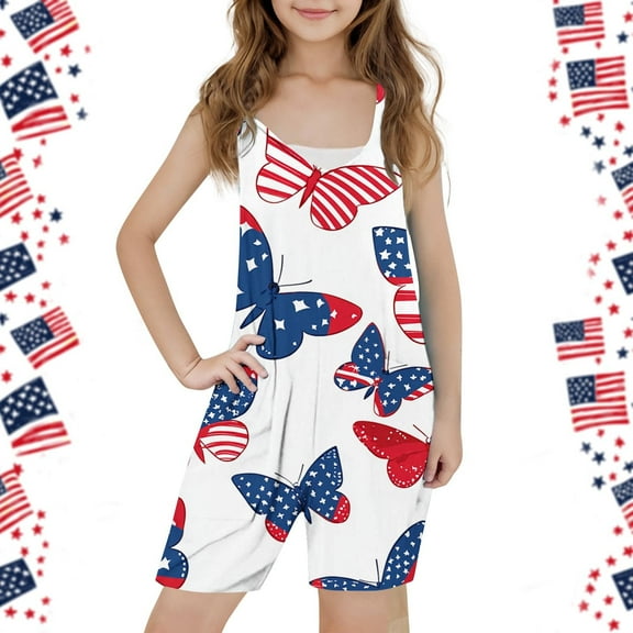Delliss Girl's 4th of July Sleeveless Romper Kid Patriotic Casual Shorts Jumpsuit 5-14 Years