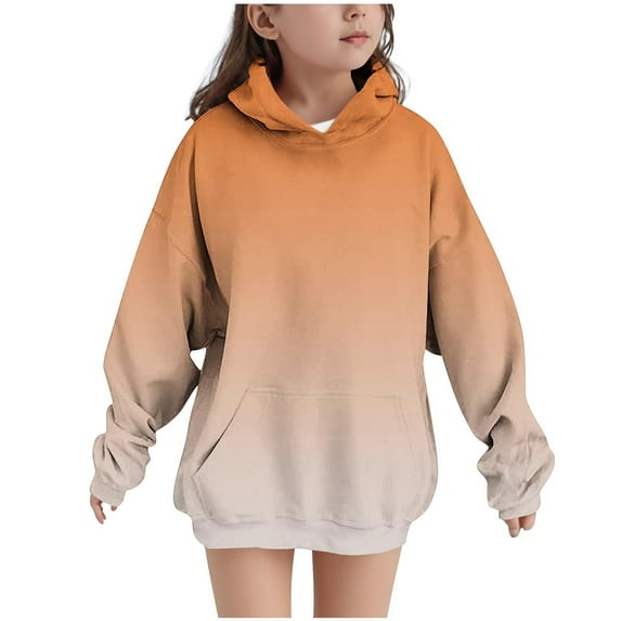 Delliss Girl's Fall Clothes Gradient Print Hooded Blouse Casual Round Neck Long Sleeve Top With Pocket Orange 13 Years