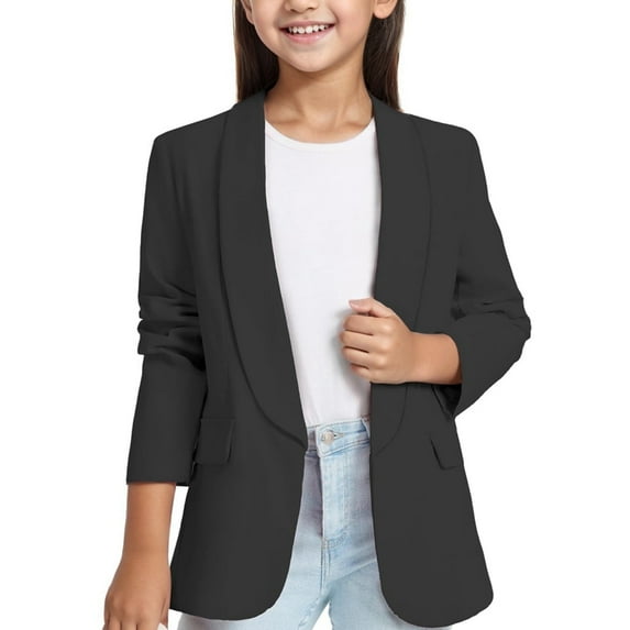 Delliss Girl's Fall Winter Formal Solid Color Youth Long Sleeve Lapel Suit Inside Pocket Jacket 3-14 Years