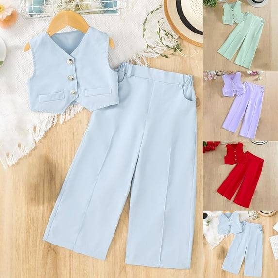 Delliss Girl's Sleeveless Button Suit Vest Matching Wide Leg Elastic Waist Pant Set 3-10 Years