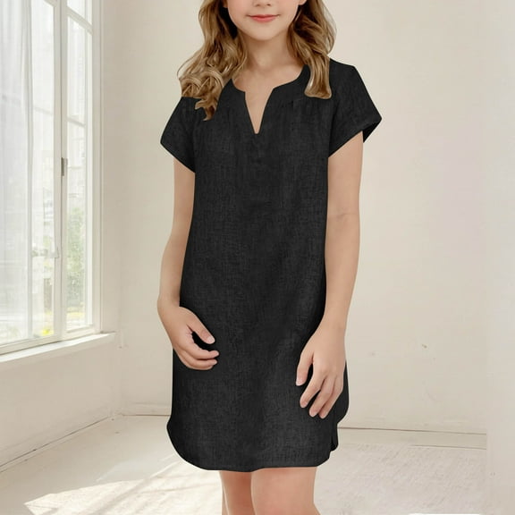 Delliss Girl's Fashion Summer Slim Fit Short Sleeve V Neck Dress 5-13 Years