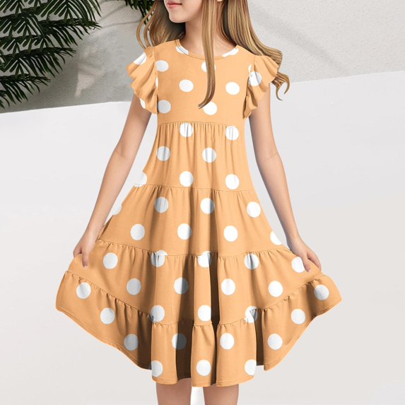 Delliss Girl's Flutter Sleeve Stretchy A-Line Dot Print Layered Dress Swing Flared Skater Party Dress for 6-15 Years Kids