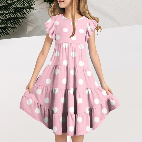 Delliss Girl's Flutter Sleeve Stretchy A-Line Dot Print Layered Dress Swing Flared Skater Party Dress for 6-15 Years Kids