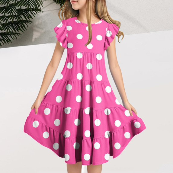 Delliss Girl's Flutter Sleeve Stretchy A-Line Dot Print Layered Dress Swing Flared Skater Party Dress for 6-15 Years Kids