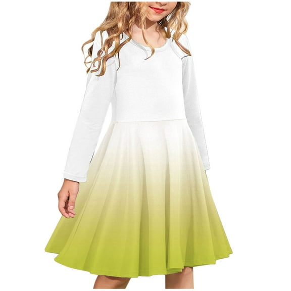 Delliss Girl's Gradient Print Long Sleeve Round Neck Dress Practice Outfit Ballet Skirt 4-14 Years