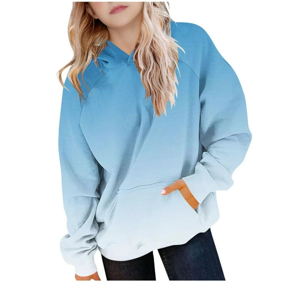 Delliss Girl's Gradient Print Shirt Long Sleeve Blouse Hooded Top With Pocket Light blue 7 Years