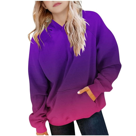Delliss Girl's Gradient Print Shirt Long Sleeve Blouse Hooded Top With Pocket Purple 9 Years