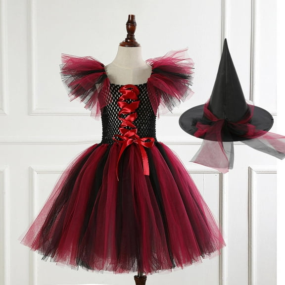 Delliss Girl's Halloween Costume Flying Sleeve Tulle Witch Cosplay Performance Dress+Hat 2-12 Years