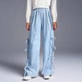 thumbnail image 1 of Delliss Girl's Plaid Bow Side Waist Track Pants Cute Wide Leg Trousers Summer Adjustable Full Length Pants, 1 of 4
