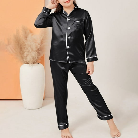 Delliss Girl's Satin Silk Pajamas Set Solid Color Long Sleeve Lapel Baggy Sleepwear 4-14 Years