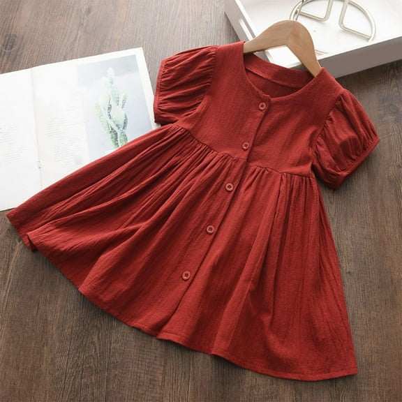 Delliss Girl's Short Sleeve Button Up Pleated Waist Loose Casual cotton Dress for 3-8 Years Kids