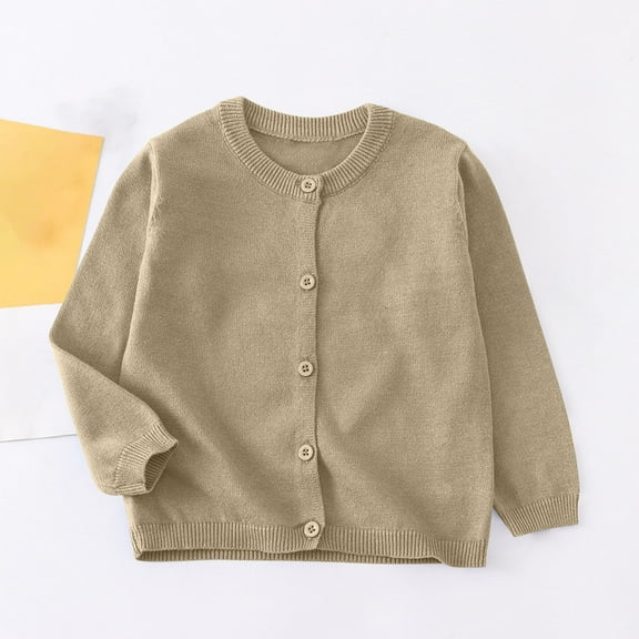 Delliss Girl's Solid Color Cotton Knitted Button Cardigan Long Sleeve Casual Soft Sweater Khaki 8-9 Years