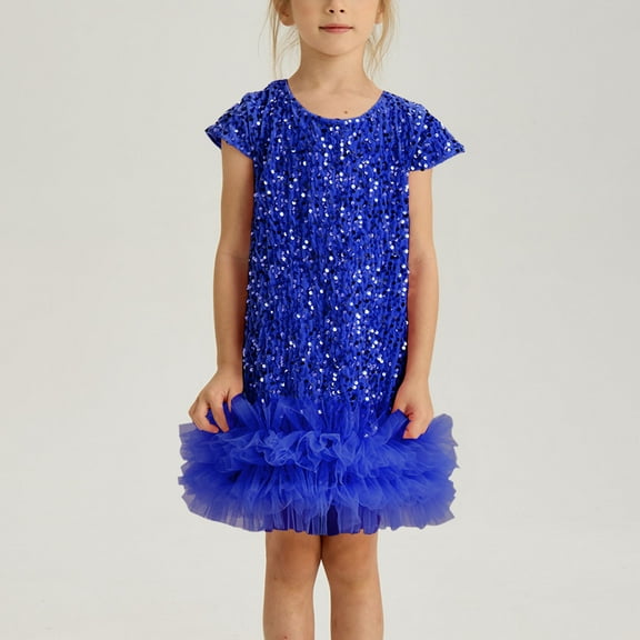 Delliss Girl's Sparkly Sequins Slim Fit Stylish Mesh Hem Elegant Performance Party Dress 2-8 Years