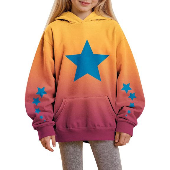 Delliss Girl's Star Print Casual Fleece Blouse Warm Crew Neck Hooded Top With Pocket Orange 110