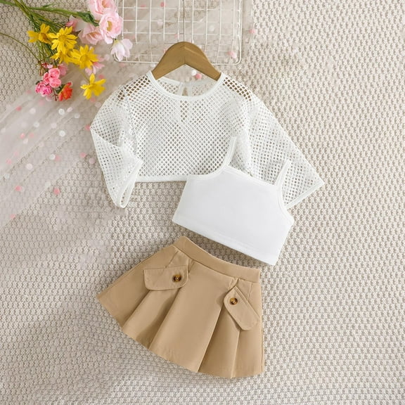 Delliss Girl's Summer 3 Piece Trendy Outfits Camisole Long Sleeve Hollow Out Top Pleated Skirts Set 12 Months 6 Years