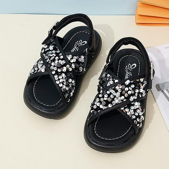 Delliss Girl's Summer Black Sequin Thick Open Toe Beach Sandals For Everyday Wear