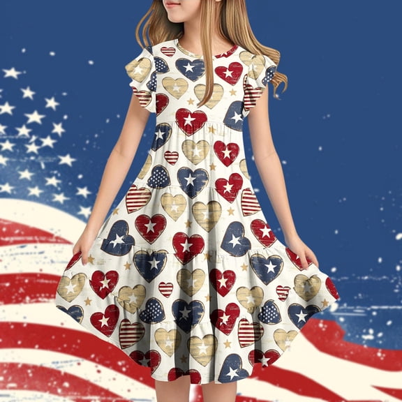 Delliss Girl's Summer Print Dresses Flying Sleeve Tiered Swing Casual Sundress