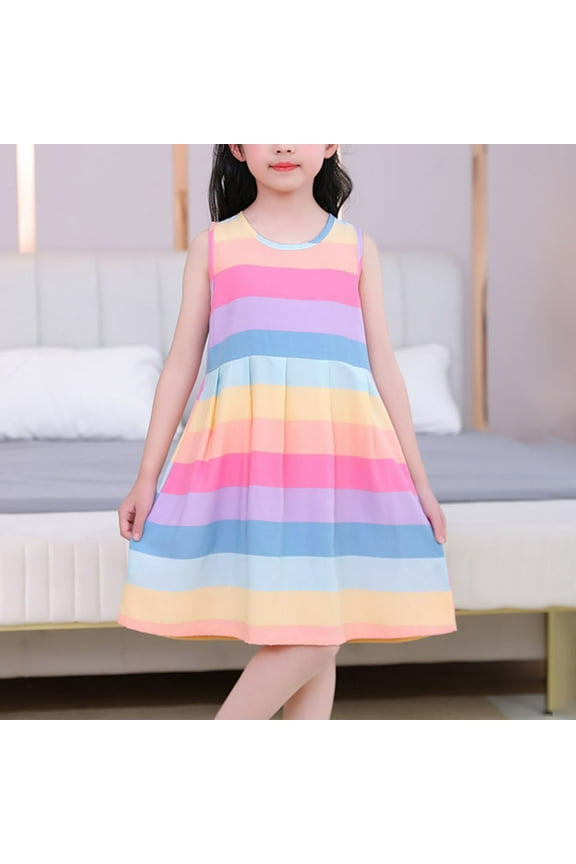 Girl's Summer Rainbow Cotton Dresses Ruffle Sleeveless Tiered Swing Casual Sundress 2-14 Years