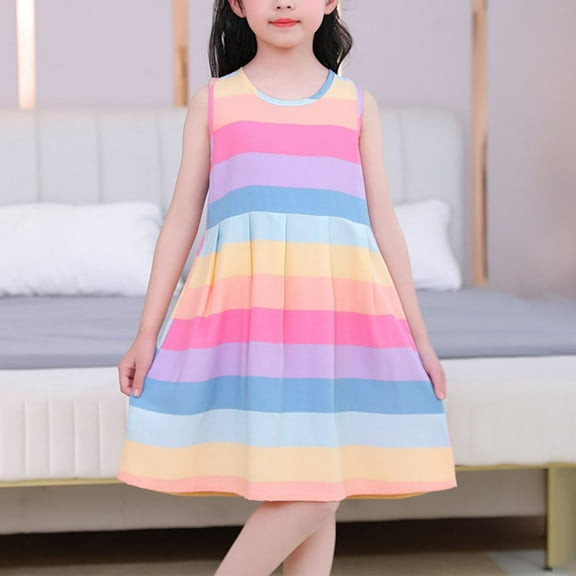 Delliss Girl's Summer Rainbow Cotton Dresses Ruffle Sleeveless Tiered Swing Casual Sundress 2-14 Years