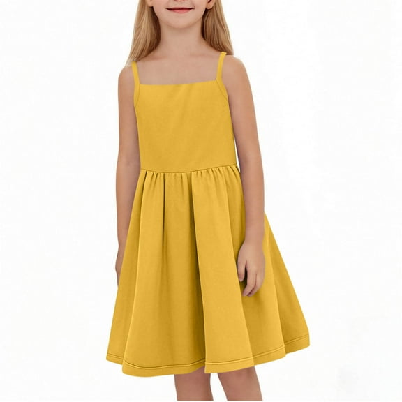 Delliss Girl's Summer Sleeveless Tank Dress Square Neck Solid Color Tiered Pleated Dress 3-14 Years