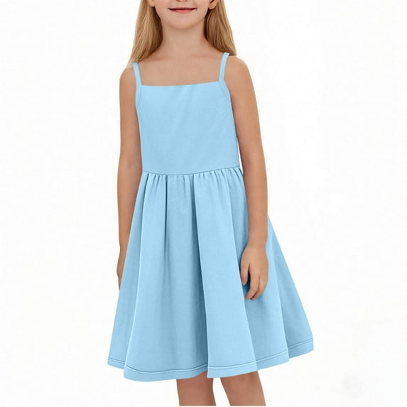 Delliss Girl's Summer Sleeveless Tank Dress Square Neck Solid Color Tiered Pleated Dress 3-14 Years