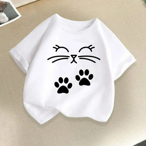 Delliss Girl's T Shirts Short Sleeve Cute Graphic Tees Crewneck Cartoon Cat Print Summer Tops 2-14 Years