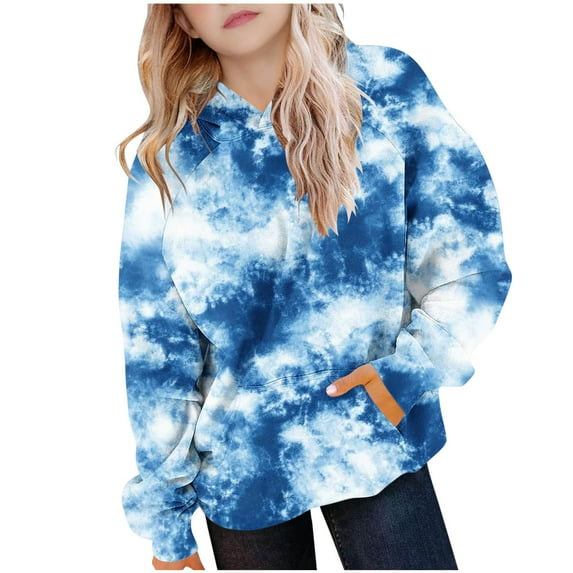 Delliss Girl's Tie Dye Hooded Top Trendy Classic Loose Shirt With Pocket Dark Blue 14 Years