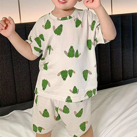 Delliss Girls' 2 Piece Short Sleeve Shirt & Short Pajama Set Cute Ice Silk Children's Sleepwear Loose Shorts Short Sleeve Set