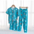 thumbnail image 1 of Delliss Girls 3 Pieces Pajamas Sets Silk Satin Sleepwear Short Sleeve Pjs Outfits Dinosaur print short sleeved shorts and pants three piece set, 1 of 3
