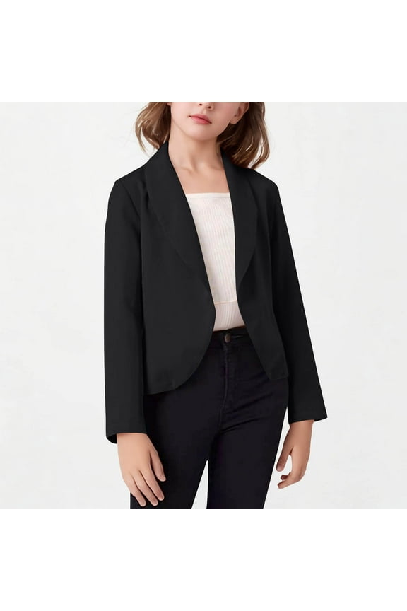 Girls Blazer Solid Color Lapel Suit Coat Kids Button Down Open Front Long Sleeve Blazer Jacket 5-14 Years