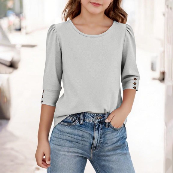 Delliss Girls Blouse Kids Fall 3/4 Long Sleeve Blouse Soft Tops 5-15 Years Crewneck Breathable Basic Tees