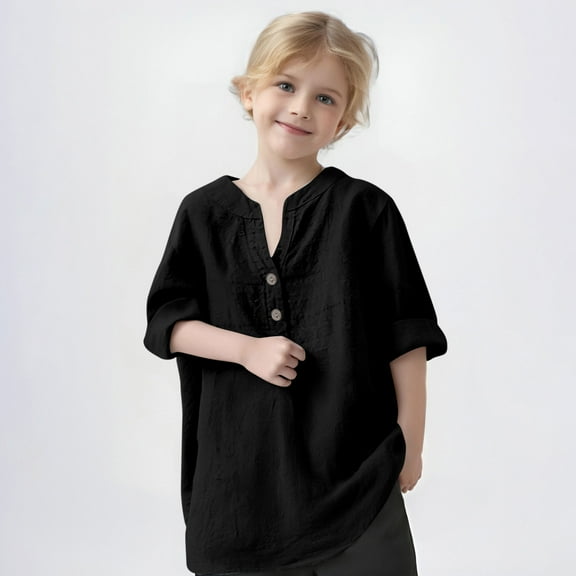 Delliss Girls Button Down Shirts Long Roll Up Cuffed Sleeve Collared Blouses Casual Cotton Tops