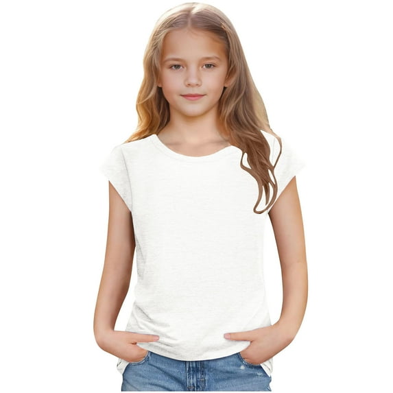 Delliss Girls Cap Sleeve T Shirts Kids Summer Tops Crew Neck Casual Trendy Blouse White 5 Years
