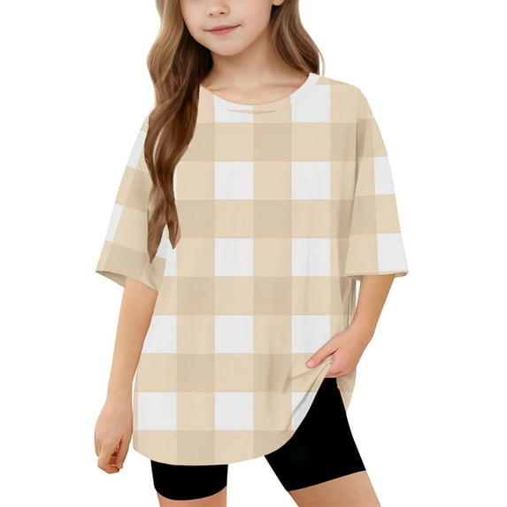 Delliss Girls Casual Short Sleeve T Shirts Crewneck Tops Kids Checkered Tee Blouses 5-15 Years
