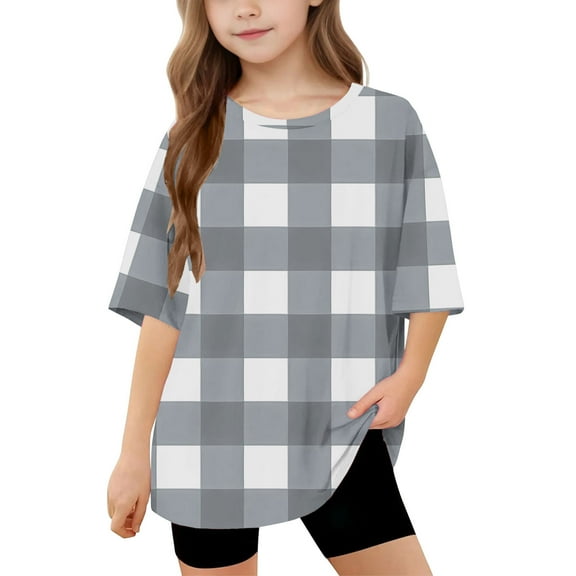 Delliss Girls Casual Short Sleeve T Shirts Crewneck Tops Kids Checkered Tee Blouses 5-15 Years